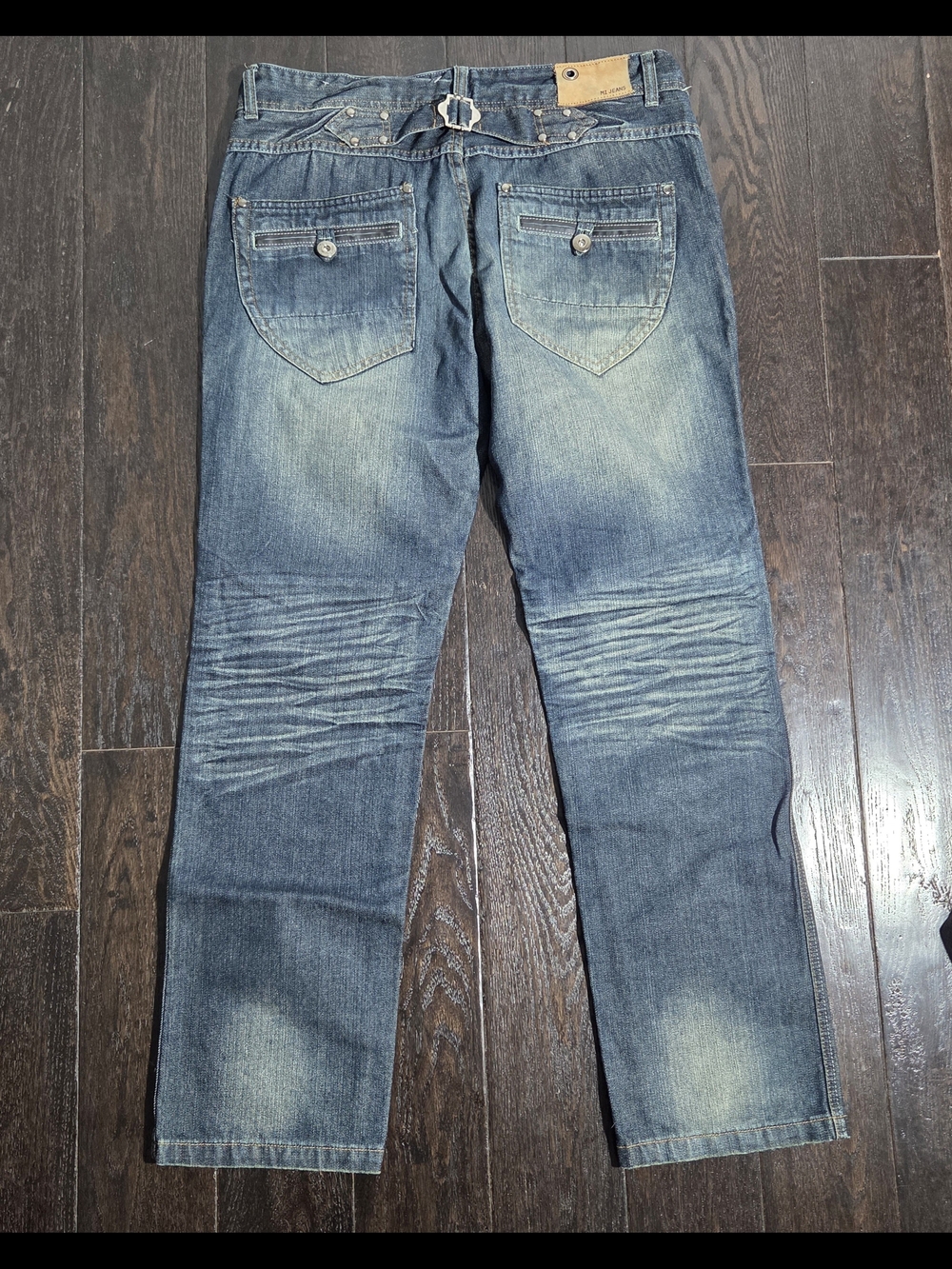 Max Mens Denim Dark Wash Jeans Relaxed Cinch Buckle Size 38x32